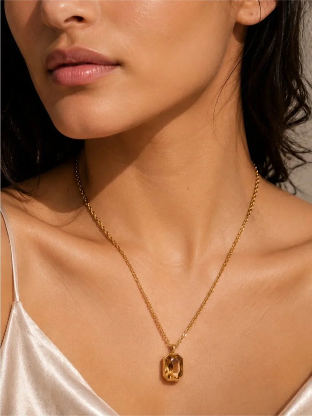 18K Gold plated Chain Necklace with Amber-Tone Faceted Pendant